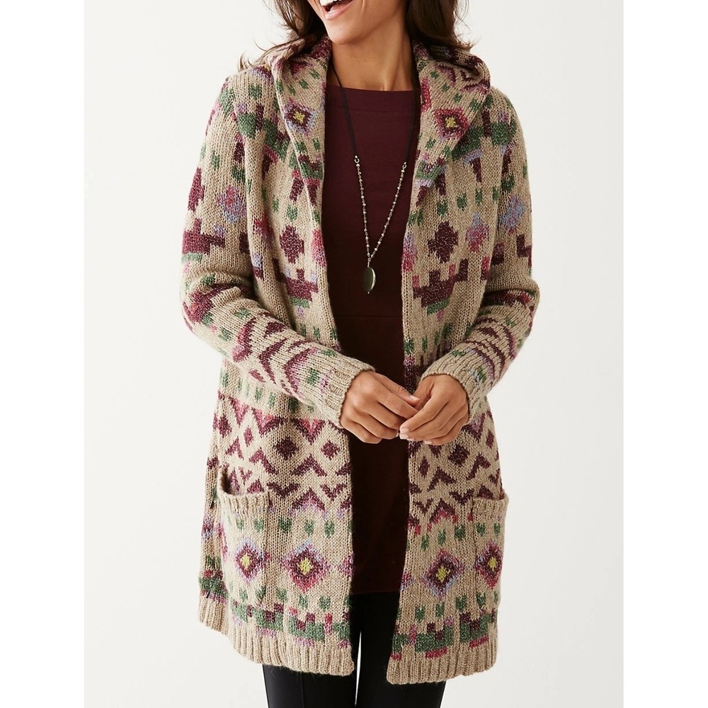 J.Jill Luxurious Cozy Lenox Topper Aztec Hooded Duster M Wool Blend Fisherman